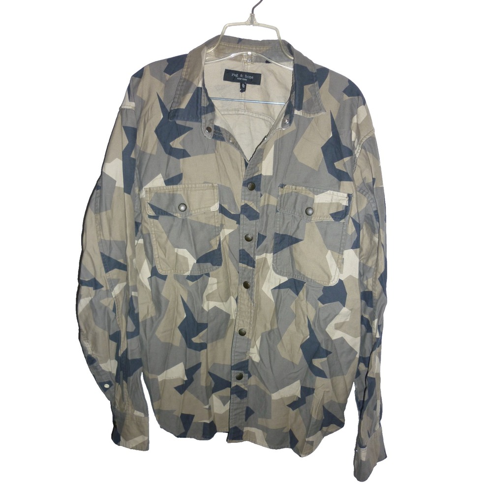 Rag & Bone Engineered Jack Camo Snap Shirt Men Green Long Sleeve XL‎